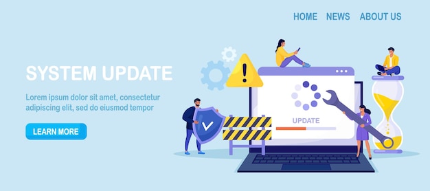 Systemupdate. winzige programmierer, die das betriebssystem aktualisieren. it-spezialisten aktualisieren software, programme und anwendungen. technischer fehler und service. computer-laptop-bildschirm mit fortschrittsbalken für die aktualisierung