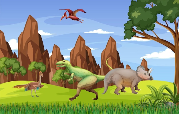 Szene mit Dinosauriern im Wald