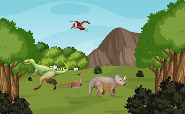 Szene mit Dinosauriern im Wald
