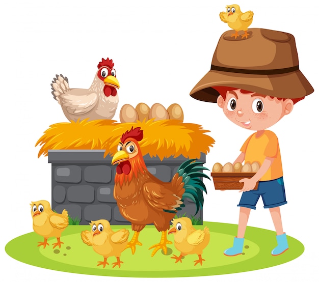 Szene mit Jungen, die Hühner auf der Farm füttern