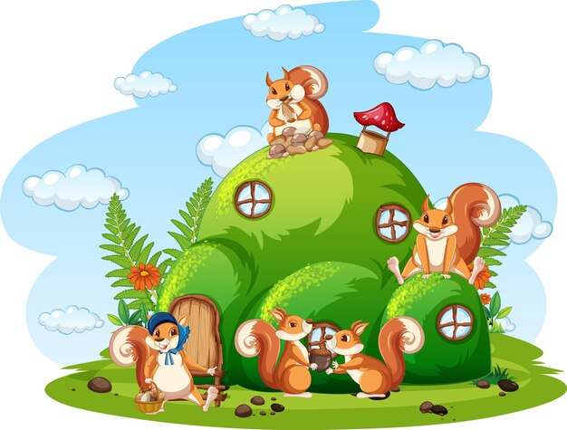 Szene mit vielen Eichhörnchen im Garten