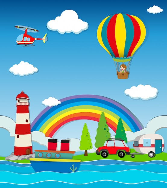 Szene mit Wagen und anderen Transporten am Meer