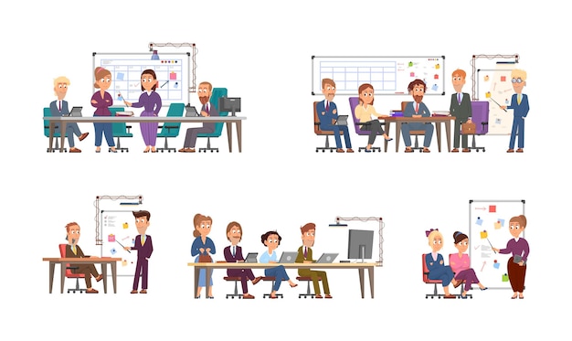 Szenen für Büroangestellte Manager von Geschäftstreffen und Geschäftsmann Vorstellungsgespräch oder Projektpräsentation Cartoon-Team Brainstorming anständiger Vektorsatz