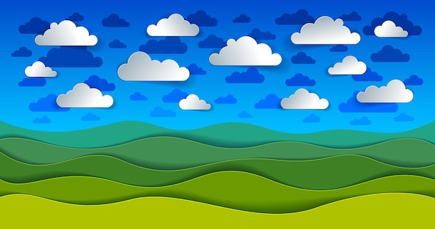 Szenische naturlandschaft der grünen graswiese und der wolken im himmelkarikaturpapierschnitt moderne artvektorillustration.