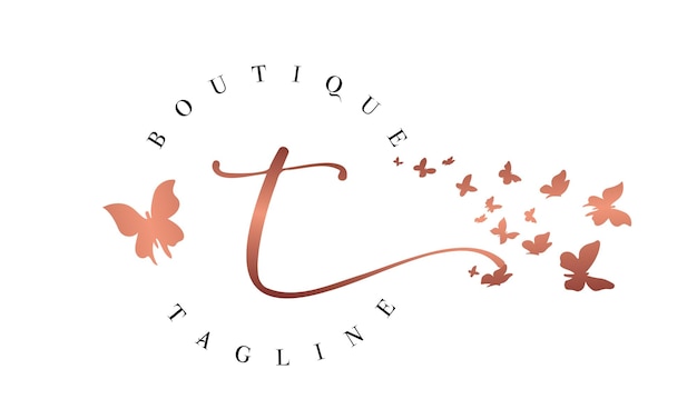 T-buchstabe initiales logo-design rosa und goldenes schmetterlingslogo goldglitter-logo beauty boutique