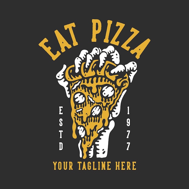 Vektor t-shirt-design essen pizza estd 1977 mit skelettierter hand, die eine pizza mit grauer hintergrund-vintage-illustration ergreift