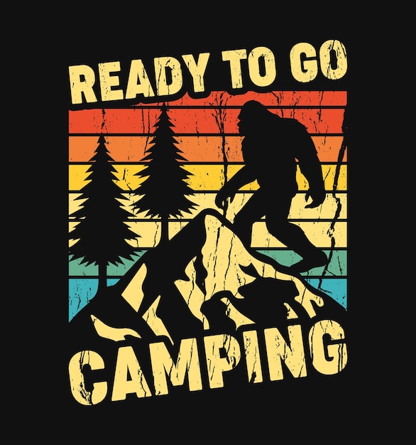 T-shirt-design im vintage-stil zum camping mit bigfoot- und bergvektorillustration.