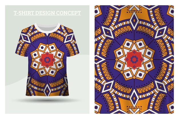 Vektor t-shirt-design mit blauem, gelbem, rundem mandala-muster