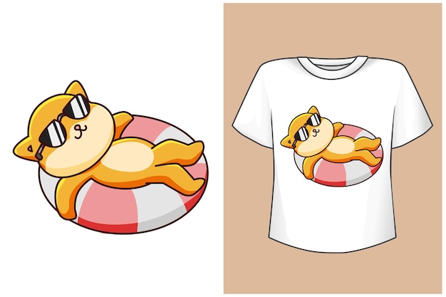 T-shirt design mockup glückliche schwimmende katze