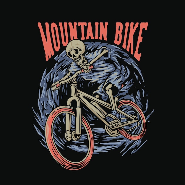 T-shirt design mountainbike mit dem totenkopf, der eine mountainbike-weinlese-illustration reitet