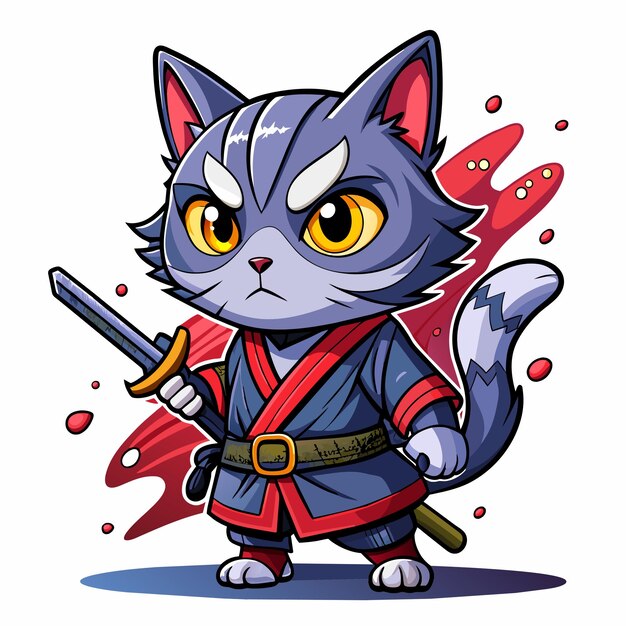 Vektor t-shirt-design samurai-katze süß und gotisch mit splash auf dem hintergrund