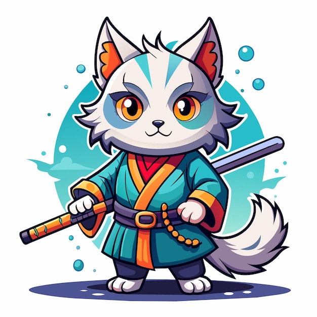 Vektor t-shirt-design samurai-katze süß und gotisch mit splash auf dem hintergrund