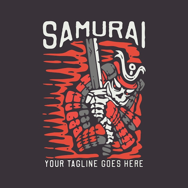 T-shirt design samurai mit samurai, die katana mit brauner hintergrundweinleseillustration halten