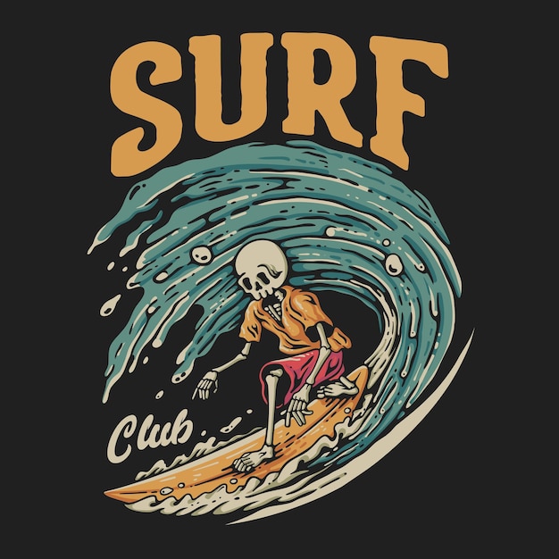 T-Shirt Design Surf Club mit Skelett beim Surfen Vintage Illustration