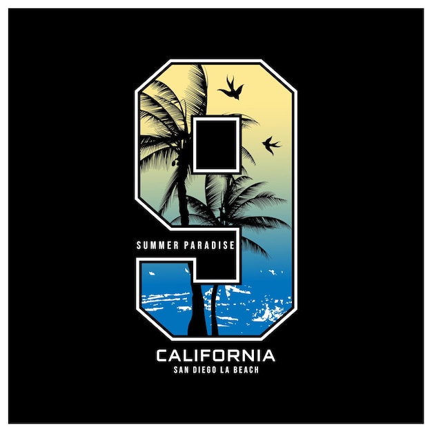 Vektor t-shirt design-vektorillustration des kalifornischen strandes grafische