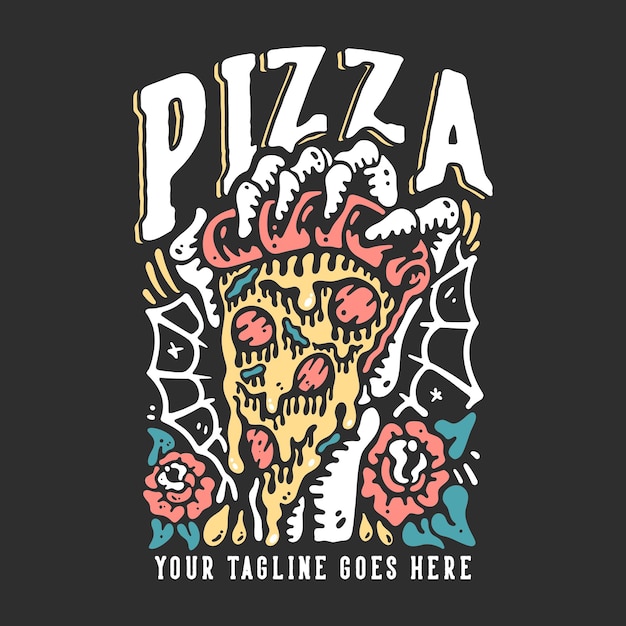 Vektor t-shirt designpizza mit der skeletthand, die eine pizza mit grauer hintergrundweinleseillustration ergreift