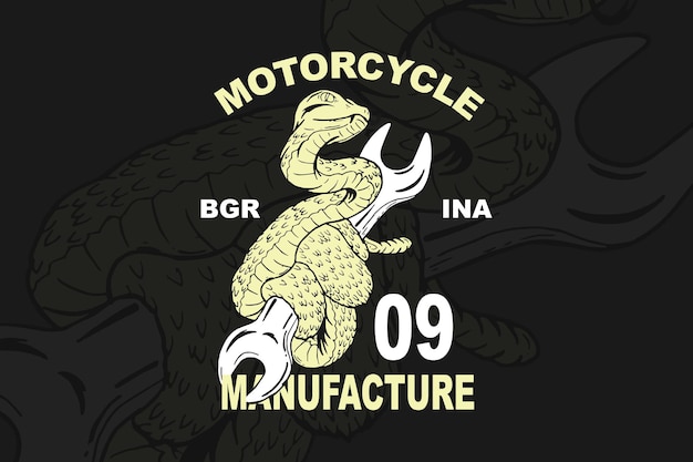 T-shirt-designvorlage zum thema motorrad mit schlange, die einen schraubenschlüssel hält