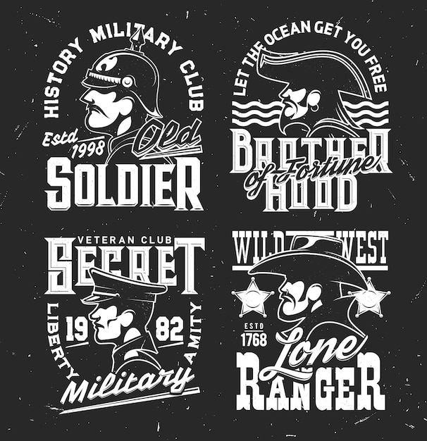 T-shirt-druck mit männern, soldat, pirat und ranger