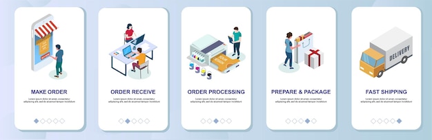 T-shirt-druck online-dienste mobile app onboarding-bildschirme vektorvorlage