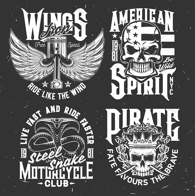 T-shirt-drucke mit geflügelten motorventilen, totenköpfen und kobra-vektormaskottchen für das design von motorradclub-bekleidung. monochrome t-shirt-drucke oder embleme für biker-team, isolierte etiketten mit typografie-set