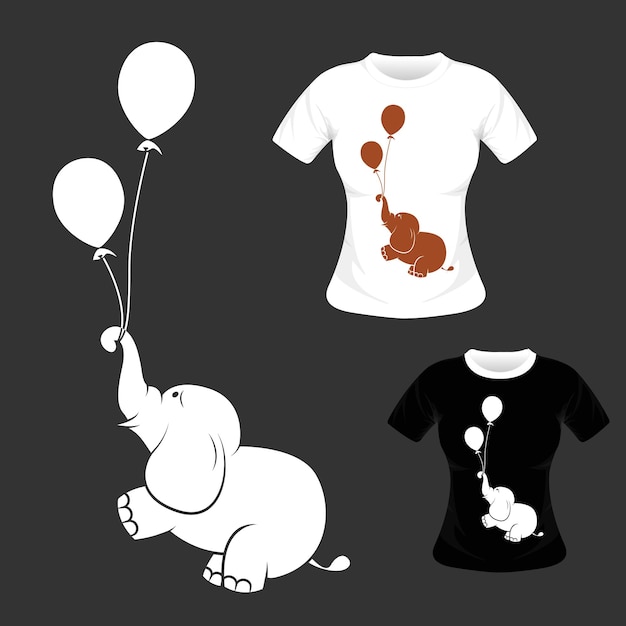 T-shirt-grafikdesign süßer elefant mit ballonvektorillustration