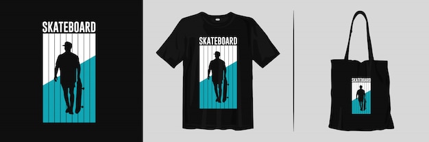 Vektor t-shirt mit skateboarddruck und einkaufstasche für waren