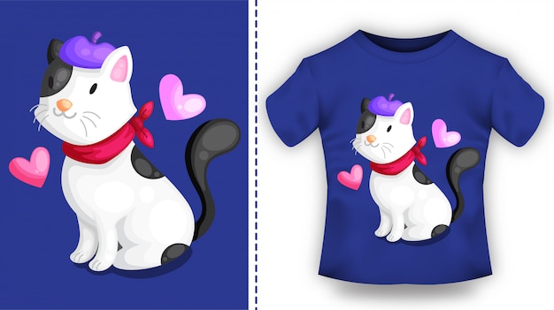 Vektor t-shirt mit tragendem schal und barettcharakter der niedlichen katze