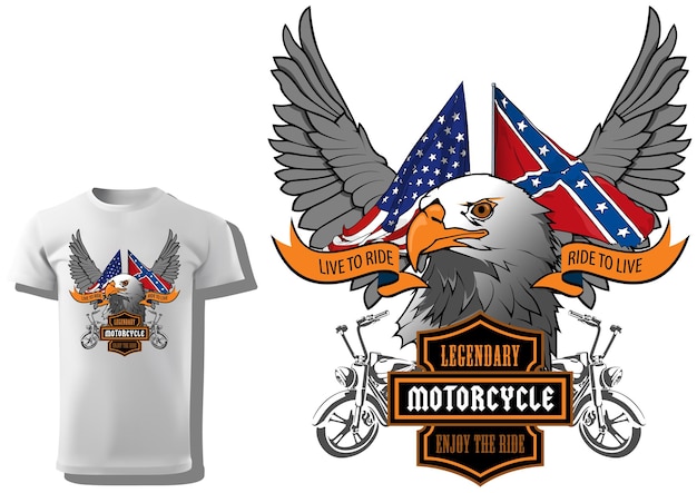 Vektor t-shirt print design für motorradfahrer mit adlerkopf und us-flaggen und dekorativen flügeln und banner