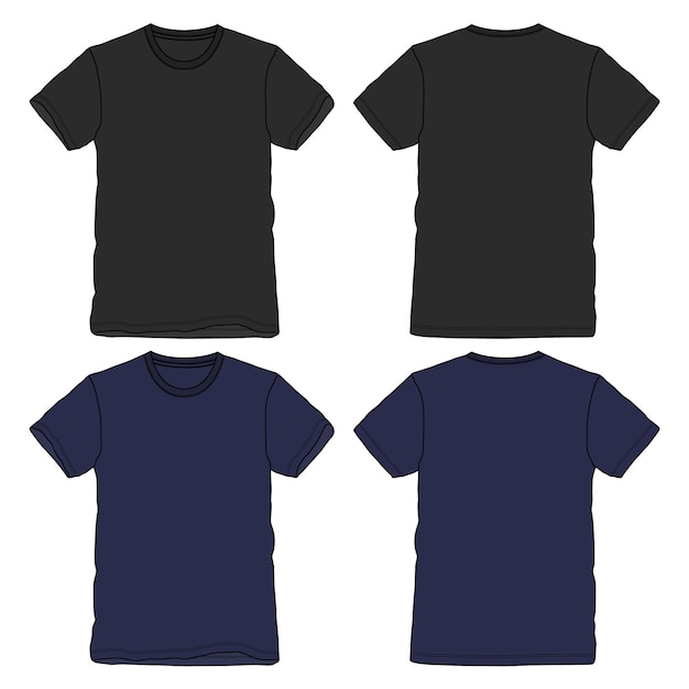 T-shirt technische mode flache skizze vektorgrafiken schwarze und marineblaue farbvorlage