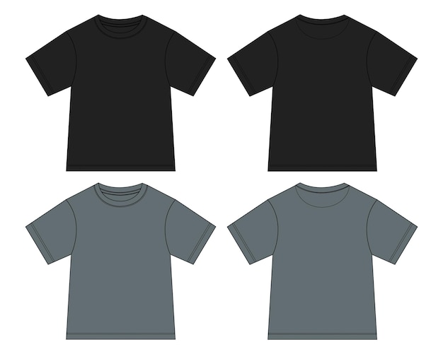 Vektor t-shirt technische zeichnung mode flache skizze illustration schwarze und graue farbvorlage für kinder