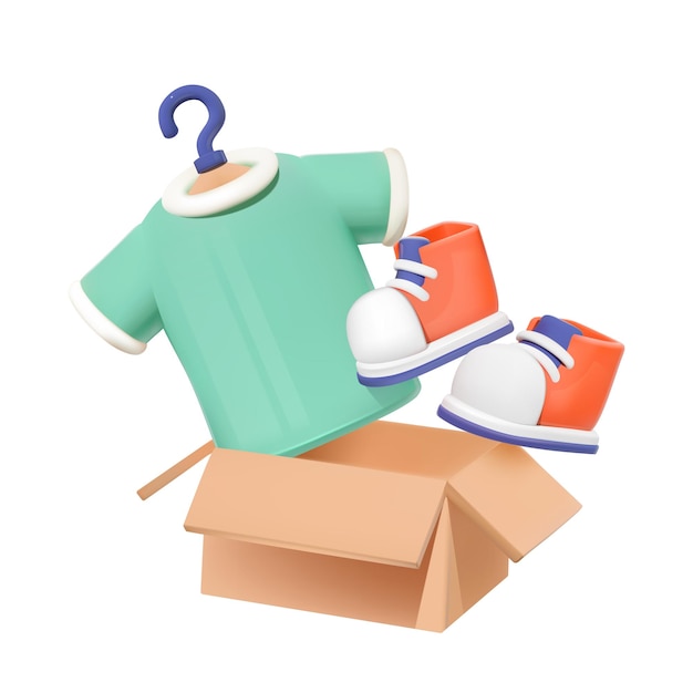 T-Shirt und Turnschuhe, die aus einer Schachtel schwimmen