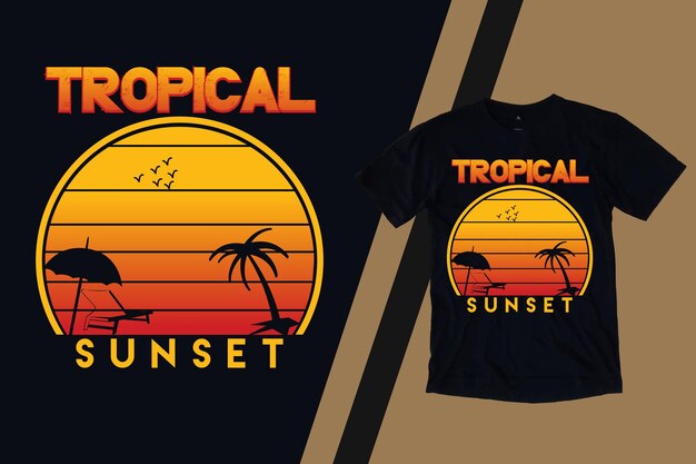 T-Shirt Vintage Illustration der tropischen Sonnenuntergangstrandpalmenbürstenart