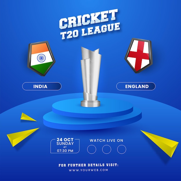 T20 cricket league poster design mit silberner 3d-trophäe des teilnehmenden teams indien vs england auf blauem hintergrund.