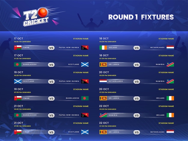 T20 cricket runde 1 spielplan auf blauem silhouette spieler hintergrund.