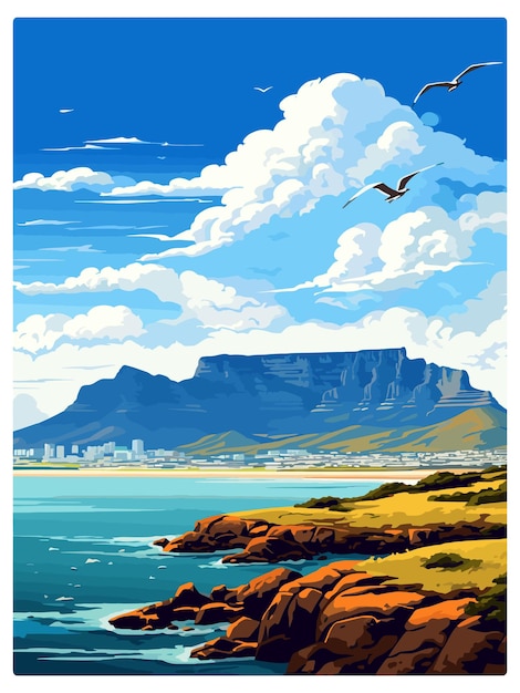 Vektor table mountain südafrika vintage reiseposter souvenir postkarten porträt malerei illustration