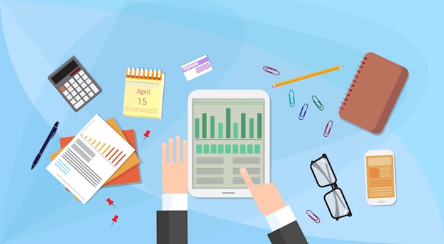 Tablet-finanzdiagramm-geschäftsmann-handtouch screen finger