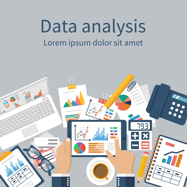 Tablet in händen geschäftsmann, statistische daten mit diagrammen und diagrammen. arbeitsplatzdokumente für finanzanalyse, statistik, reporting, strategieentwicklung. vektor, flaches design. statistikkonzept