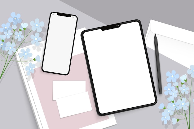 Tablet-Telefonen, Umschläge, Visitenkarten, Vektorvorlagen mit Blumen, Satz von Mockups
