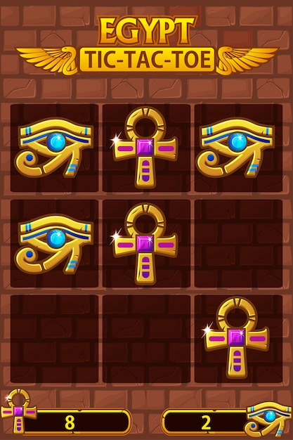 TAC TIC TOE UI in ägyptischem Thema Brettspiel Logik für Ihre Spielentwicklung UI Vektor-Strategie-Spiel Nulls und Kreuze