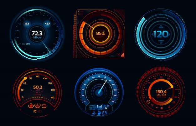 Tachoanzeigen. leistungsmesser, geschwindigkeitsmesser für schnelle oder langsame internetverbindungen