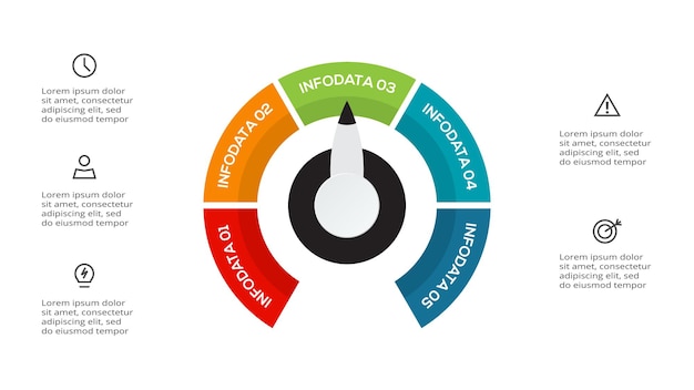 Tachometer-infografik mit 5-elementen-vorlage für web-business-präsentationen vektorillustration visualisierung von geschäftsdaten