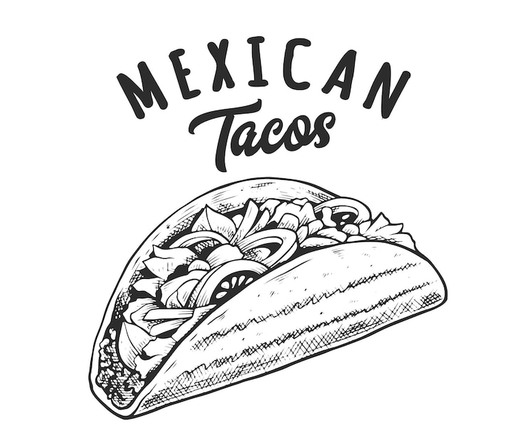 Vektor tacos-retro-emblem. logo-vorlage mit schwarzen und weißen buchstaben und tacos-skizze. eps10-vektor-illustration.