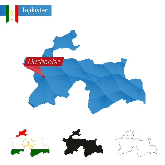 Tadschikistan blaue low-poly-karte mit hauptstadt duschanbe