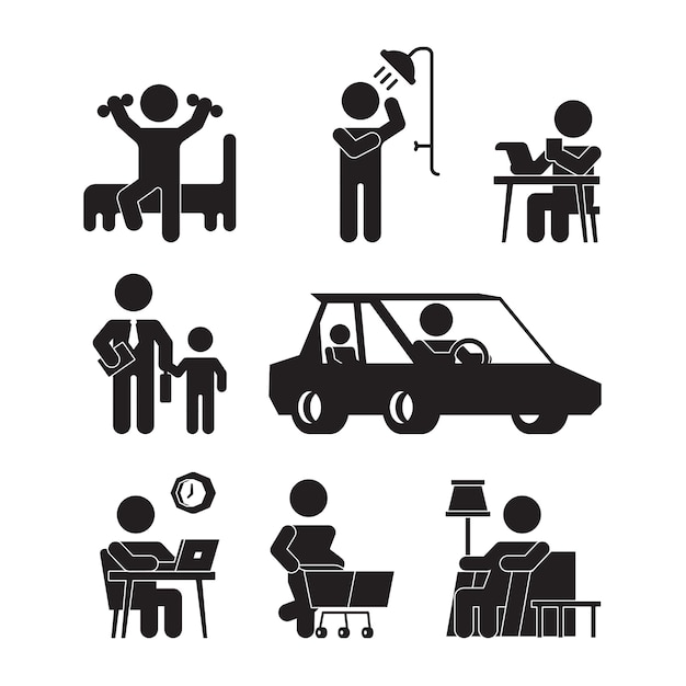 Tägliche routine-symbole. aktive person lebensstil silhouetten wachen auf essen baden arbeiten schlafen vektor piktogramme. illustration des täglichen routinelebens, wachen und schlafen