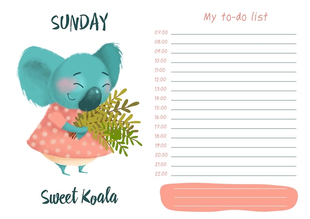 Täglicher planer mit illustration des süßen koalas der netten karikatur. meine tägliche to-do-liste am sonntag