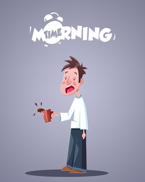 Tägliches morgenleben. gähnender schläfriger mann mit tasse kaffee. vektorillustration