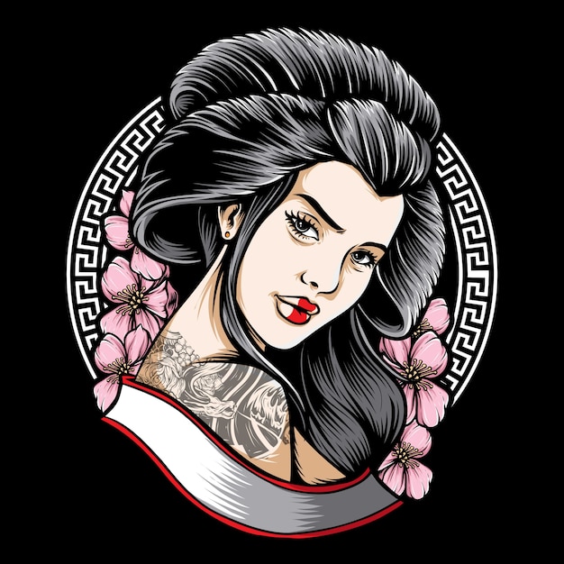 Tätowierte geisha mit kirschblüte-tätowierungsillustration