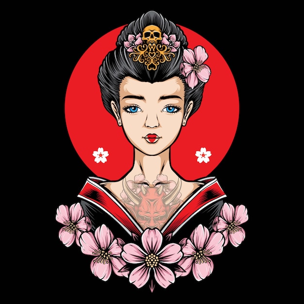 Vektor tätowierte geisha mit kirschblüte-vektor