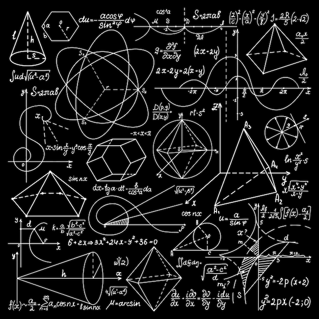 Tafel mit mathematischen und geometrischen dünnlinienformeln. mathematischer musterhintergrund.