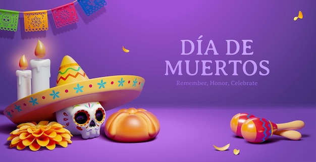 Tag der Toten Banner 3D-Illustration von Dia de muertos Karte mit einem Zucker Schädel brennende Kerzen Blumen Food Shaker und Fahnen auf lila Hintergrund